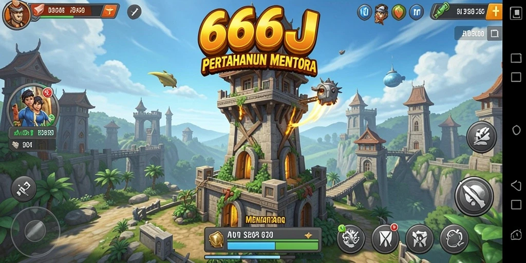 Gameplay 666J menampilkan pertahanan menara yang penuh strategi.