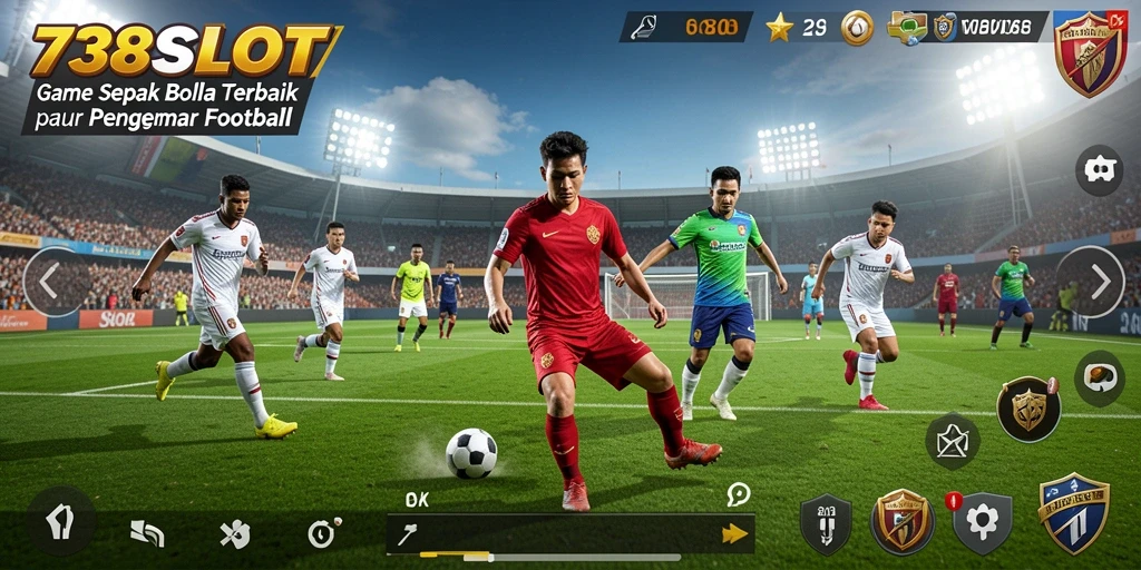Screenshot permainan 738SLOT yang menampilkan aksi sepak bola