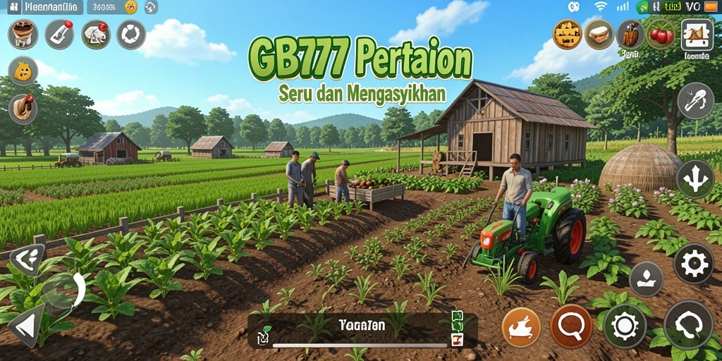 Screenshot utama GB777 menampilkan pemain yang sedang mengelola ladang pertanian.