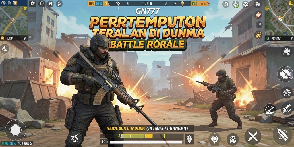 Screenshot utama GN777 menunjukkan aksi seru dalam pertempuran Battle Royale.