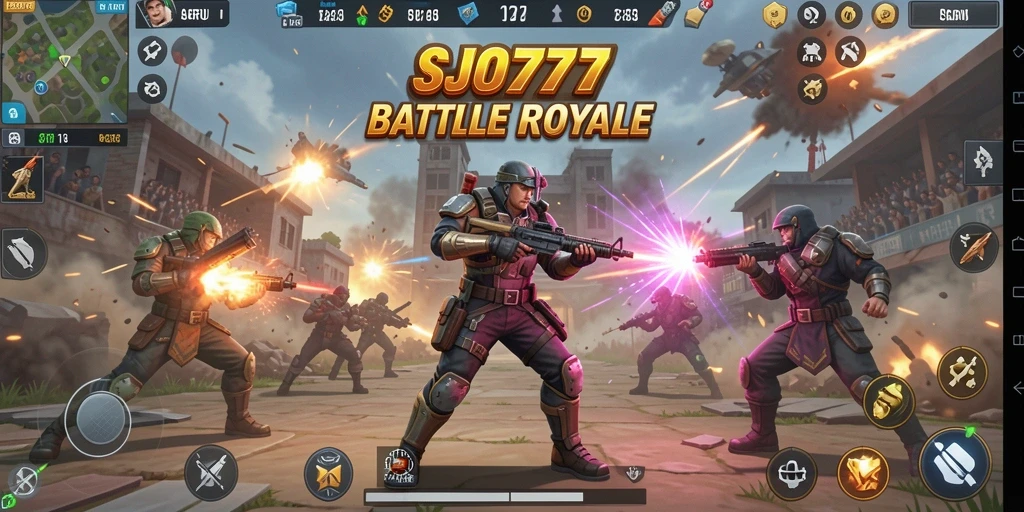Tangkapan layar gameplay SJO777 menunjukkan pertempuran seru di arena Battle Royale.