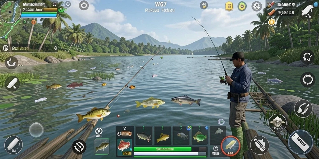 Tampilan gameplay seru dalam W67 di lokasi memancing indah.